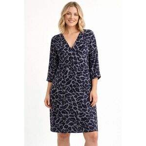 Garnet Hill Navy Blue Floral V-Neck Shift Dress 3/4 Sleeve EcoVero Viscose L
